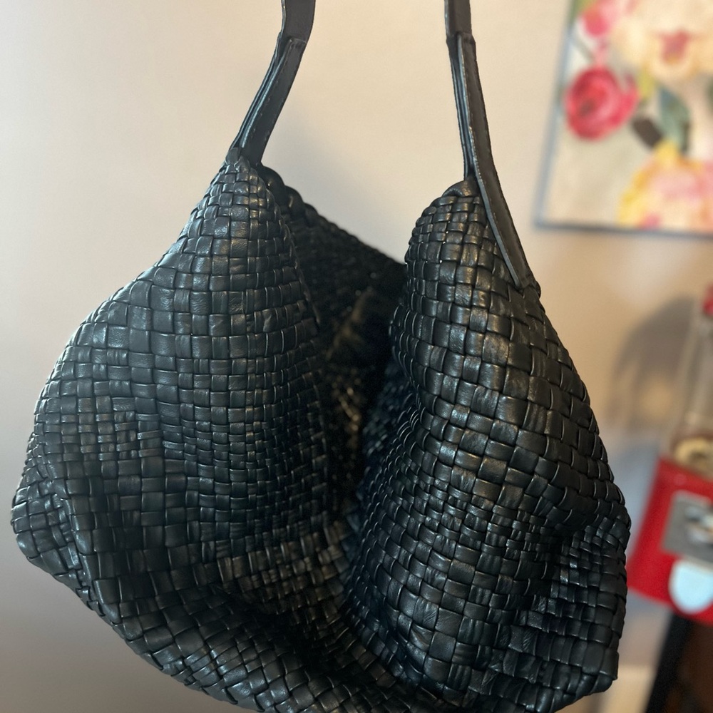 Black Woven Leather Hobo Tote Shoulder Bag – Oversized Slouchy